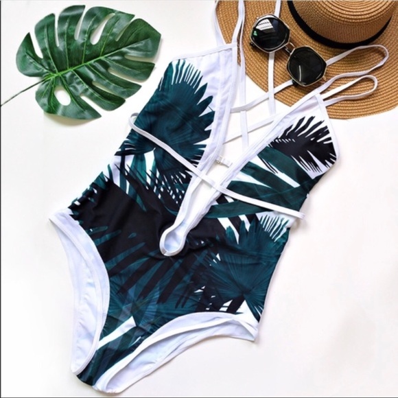1 left! Palm Leaf Strappy One Piece Swimsuit - Picture 2 of 8